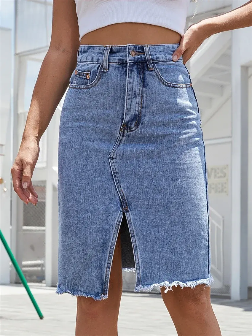 Thumbnail: Women's Front Slit Blue Denim Skirt Pockets High Waist Slim Zipper Fly Midi
