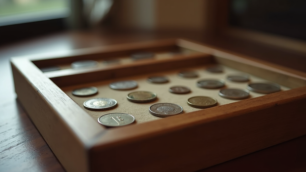 Close-up view of a vintage coin collection displayed in a wooden case