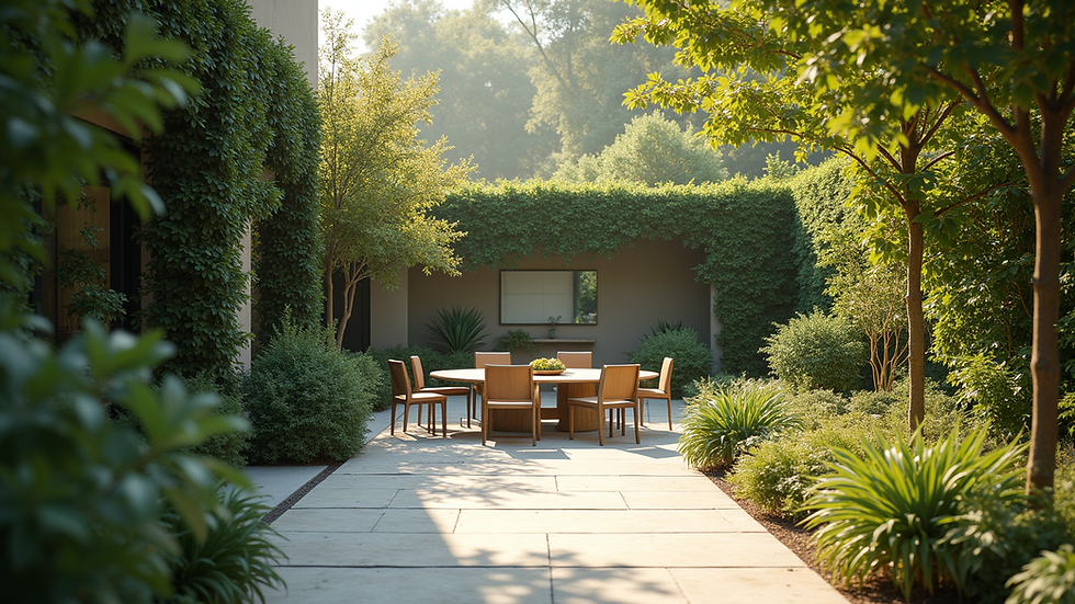 Eye-level view of a serene outdoor meeting space surrounded by greenery