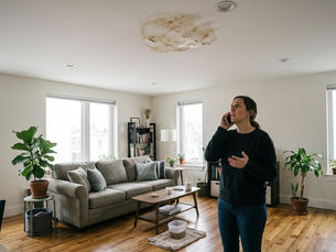 Homeowner inspecting water damage from condo above