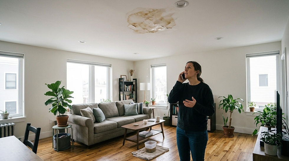 Homeowner inspecting water damage from condo above