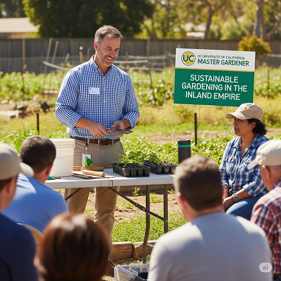 Illustration of a UC Master Gardener volunteer teaching a class on sustainable gardening.