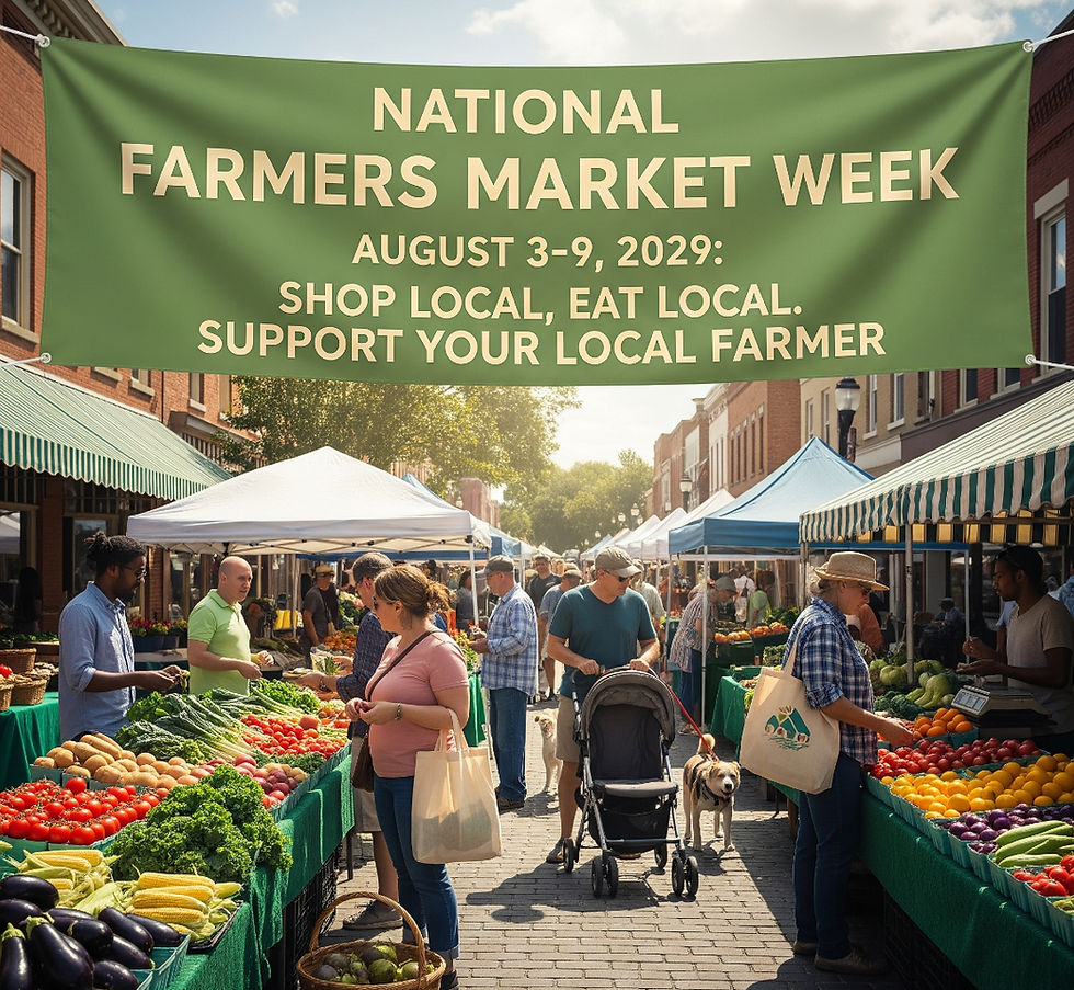 Illustration of a busy Farmers Market with a banner announcing National Farmers Market Week