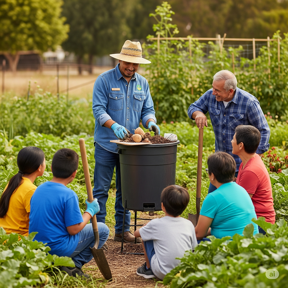 Illustration of a UC Master Gardener volunteer leading a workshop on composting for community members.