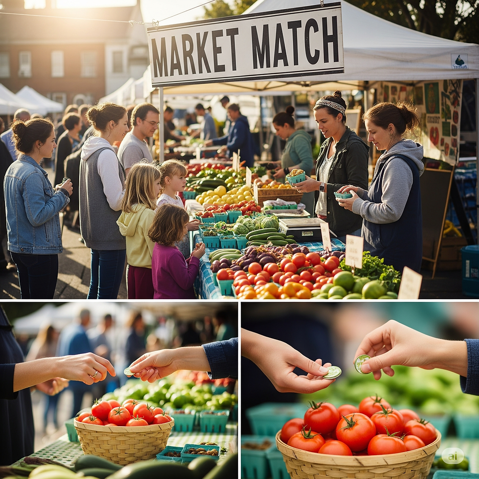 People at a farmers market participate in the Market Match token program.