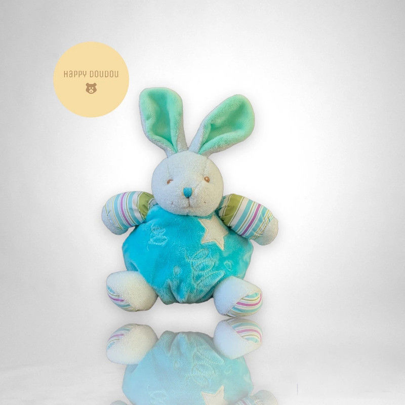 Doudou peluche lapin bleu a rayures phosphorescent Toodo