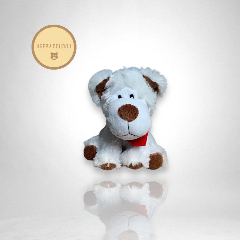Doudou Peluche chien blanc noeud rouge Fizzy