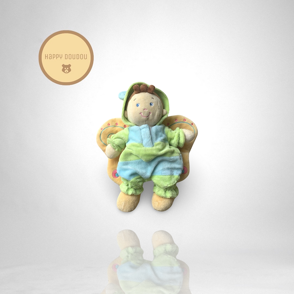  Peluche doudou Lutin garcon papillon bleu vert