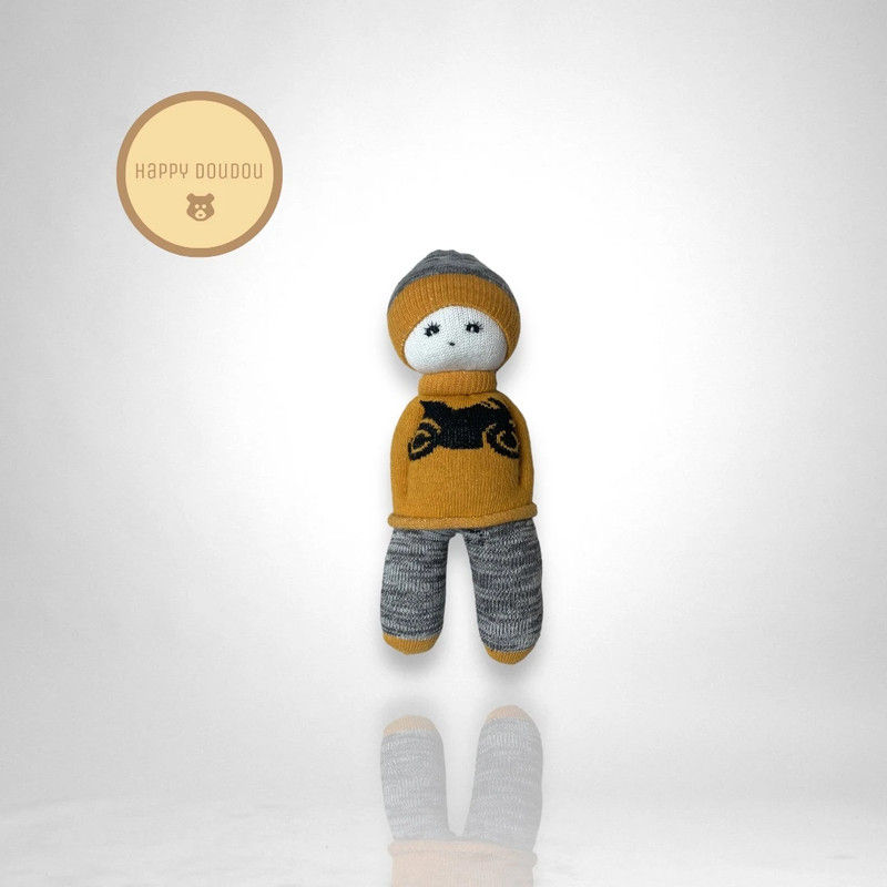 Peluche doudou garcon jaune gris moto