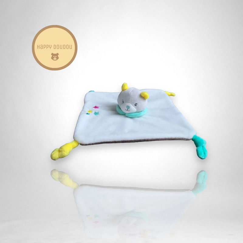 Doudou plat carré chat blanc vert U tout Petits