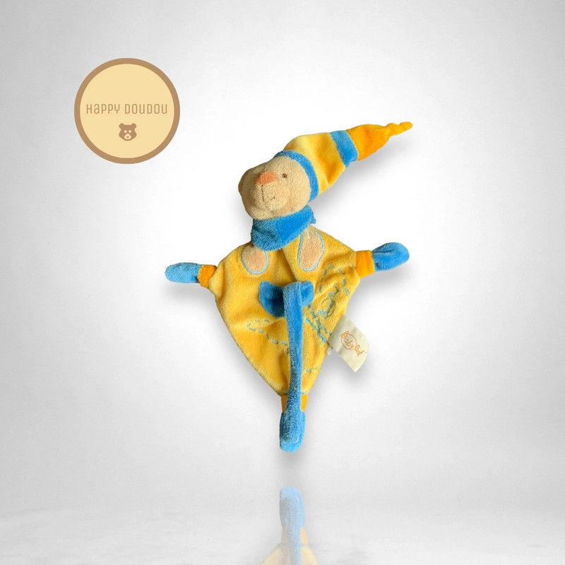 Doudou carré Ours plat jaune bleu Babynat