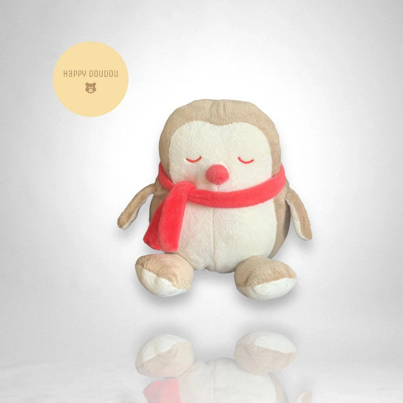 Doudou Peluche Pingouin Blanc marron echarpe rouge. Obaibi Okaidi