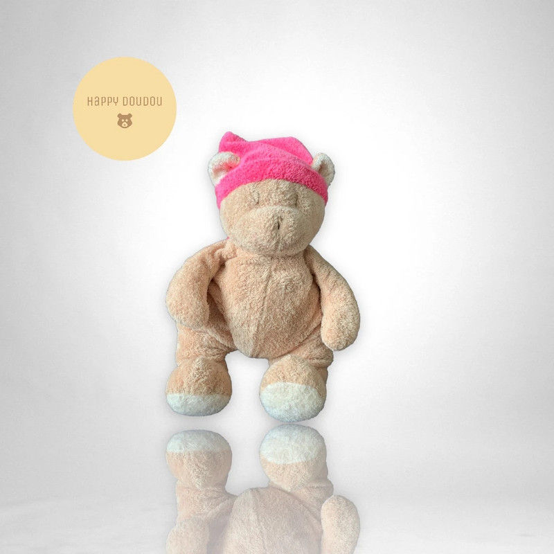 Peluche doudou ours beige bonnet rose Ajena