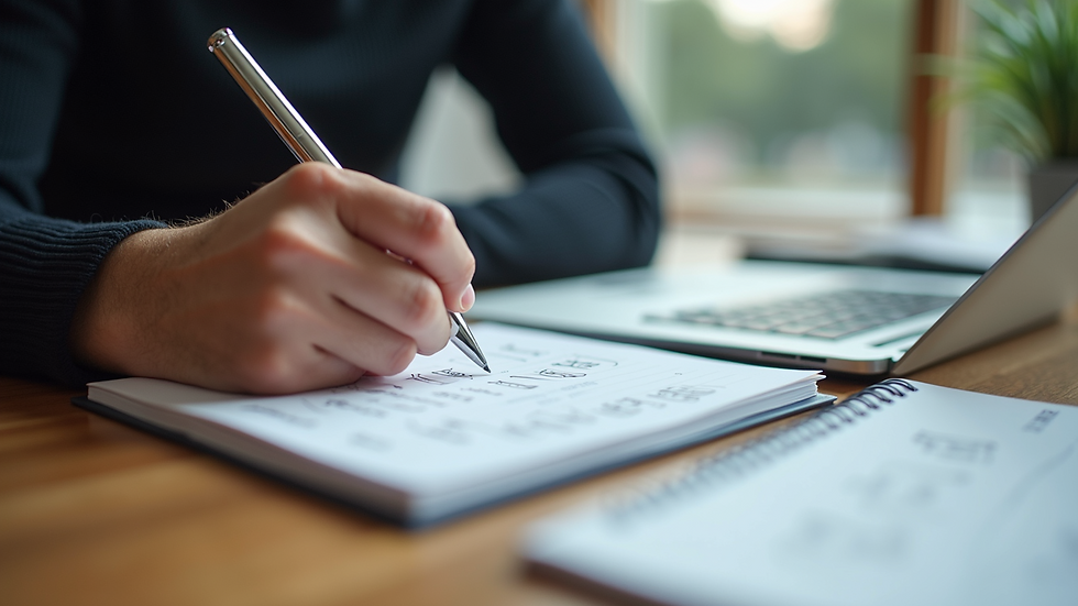 Eye-level view of a person brainstorming content ideas on a notepad