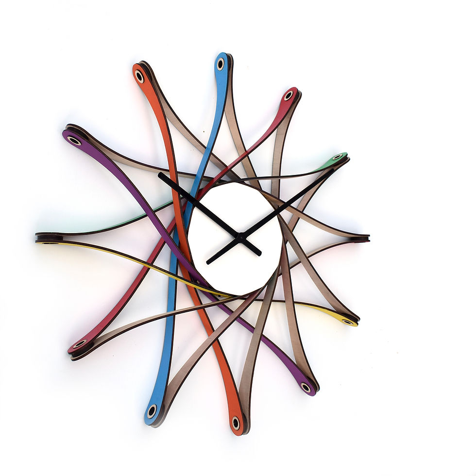 Thumbnail: Multicolor geometric bent wood clock 'Propeller' - right side view