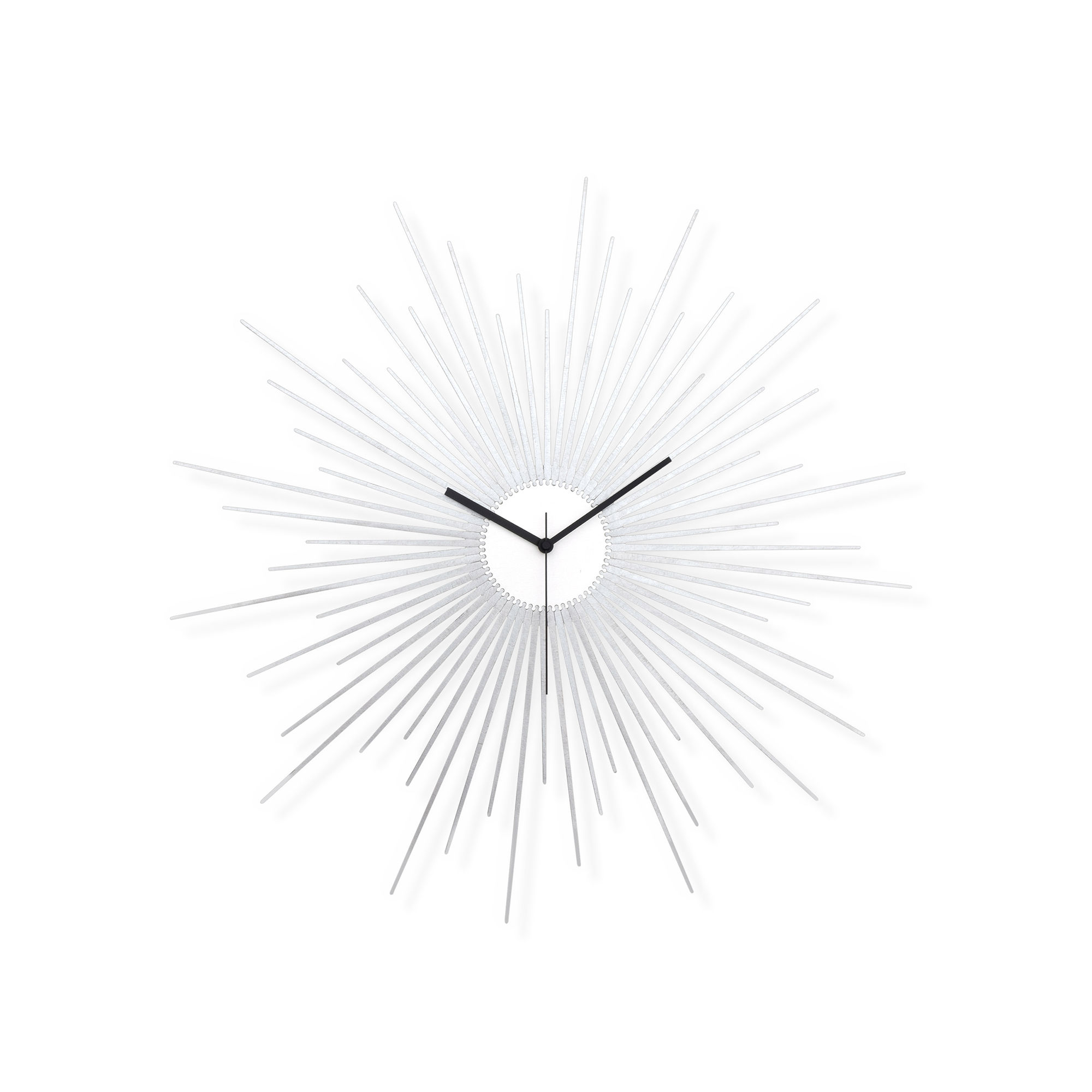 Metallic silver organic sunburst wall clock Big Bang Silver - front view