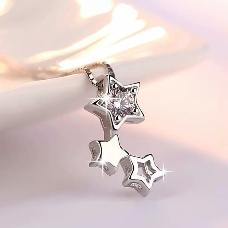 Thumbnail: Three Star Link Pendant Sterling Silver Chain Necklace