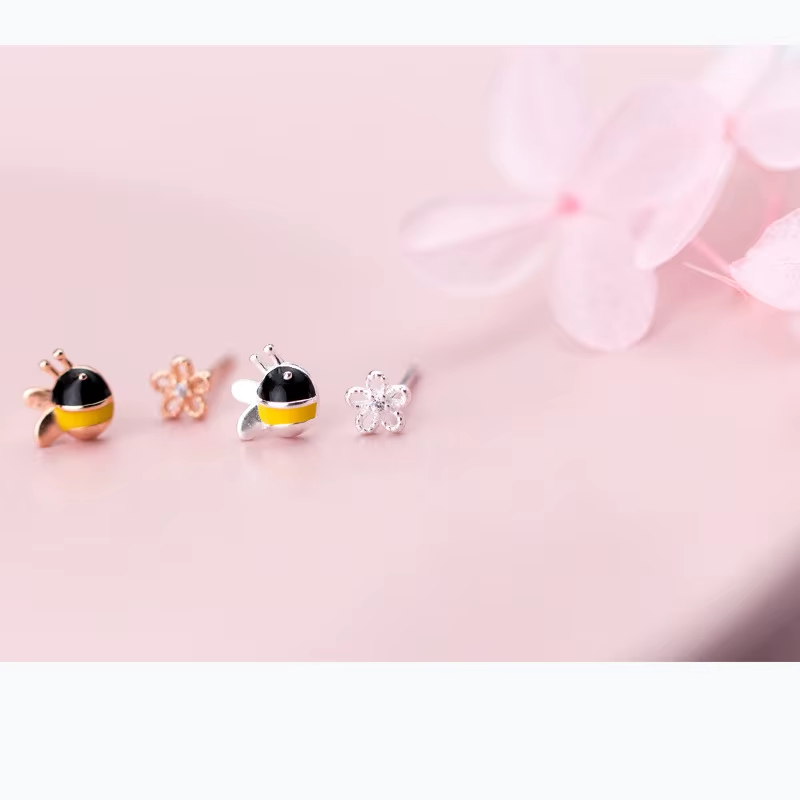 Thumbnail: Sterling Silver Lovely Asymmetry Bee & Flower Stud Earrings