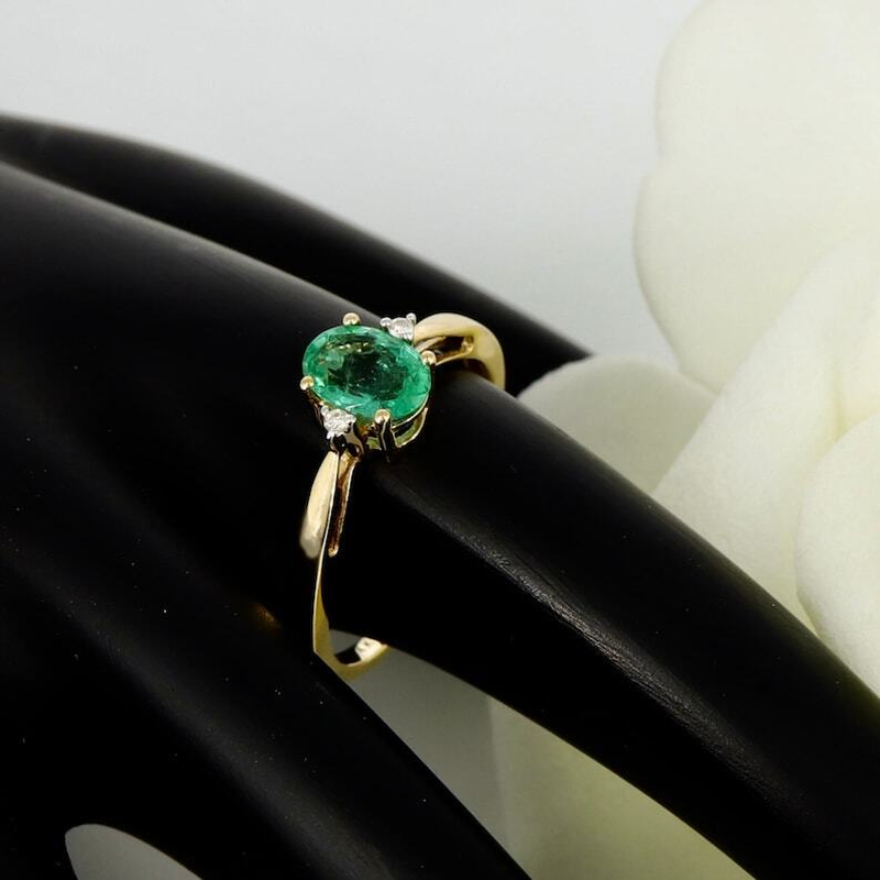 Thumbnail: 14K Yellow Gold Natural Green Emerald and Diamonds Women Engagement Dainty Ring