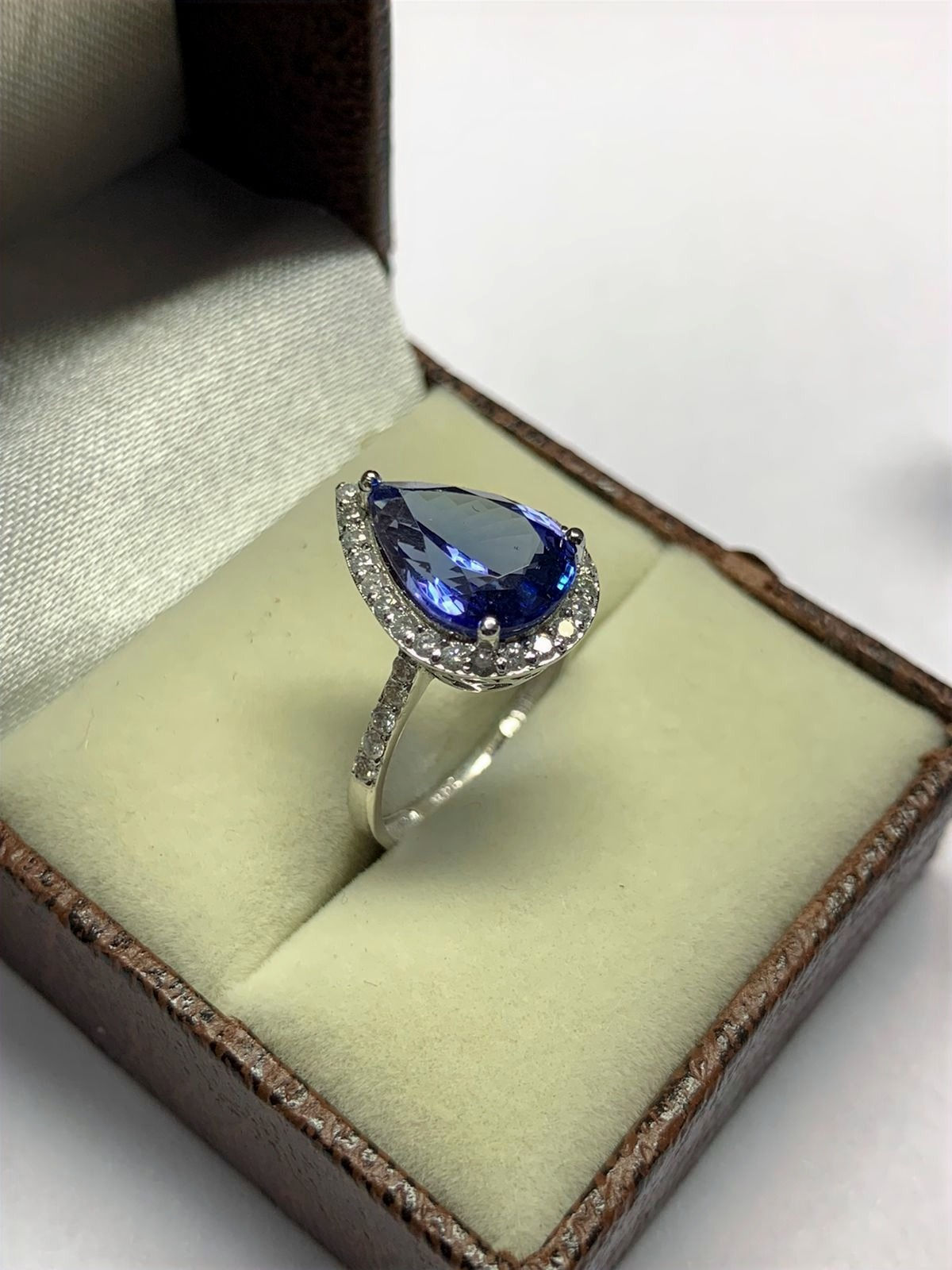 3.5 carat pear cut Tanzanite and Diamond White Gold Ring