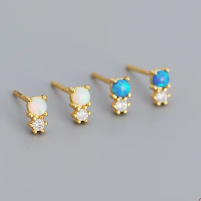 Thumbnail: Sterling Silver Minimalist Sparkling Opal Zircon Mini Small Stud Earrings