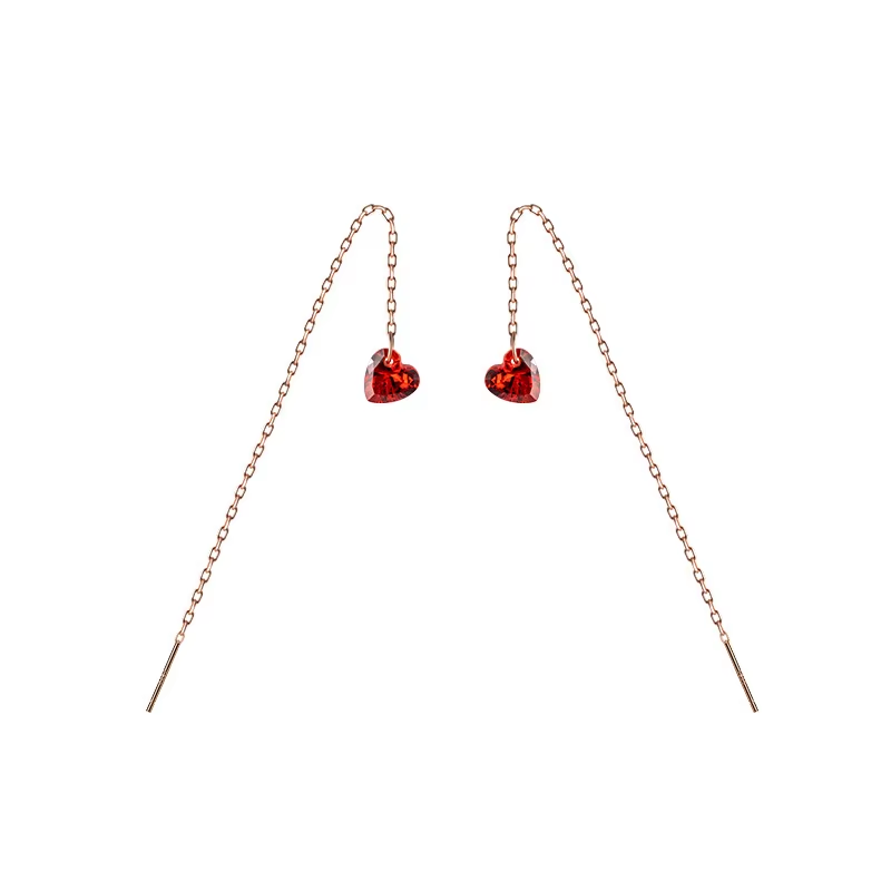 Thumbnail: Red Crystal Heart Chain Earrings 925 Sterling Silver Cubic Zirconia