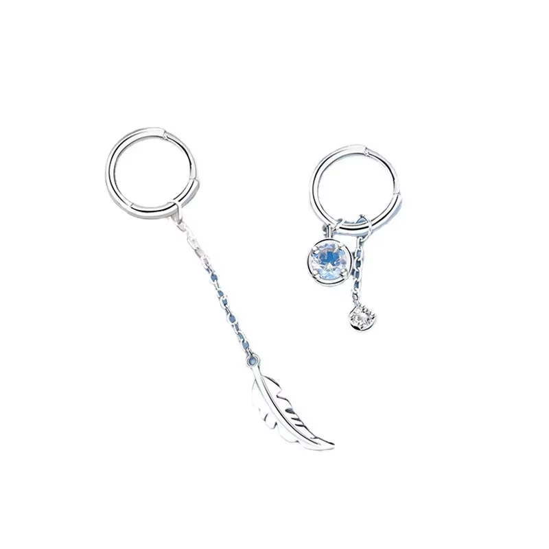 Thumbnail: 925 Sterling Silver Asymmetric Feather Earrings White Moonstone Pendant Earrings