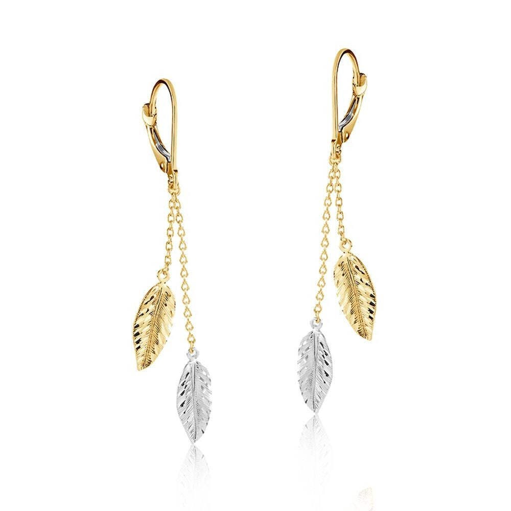 9Ct Gold Leaf Drop Earrings Solid Yellow and White Gold 56Mm Drops Hallmarked