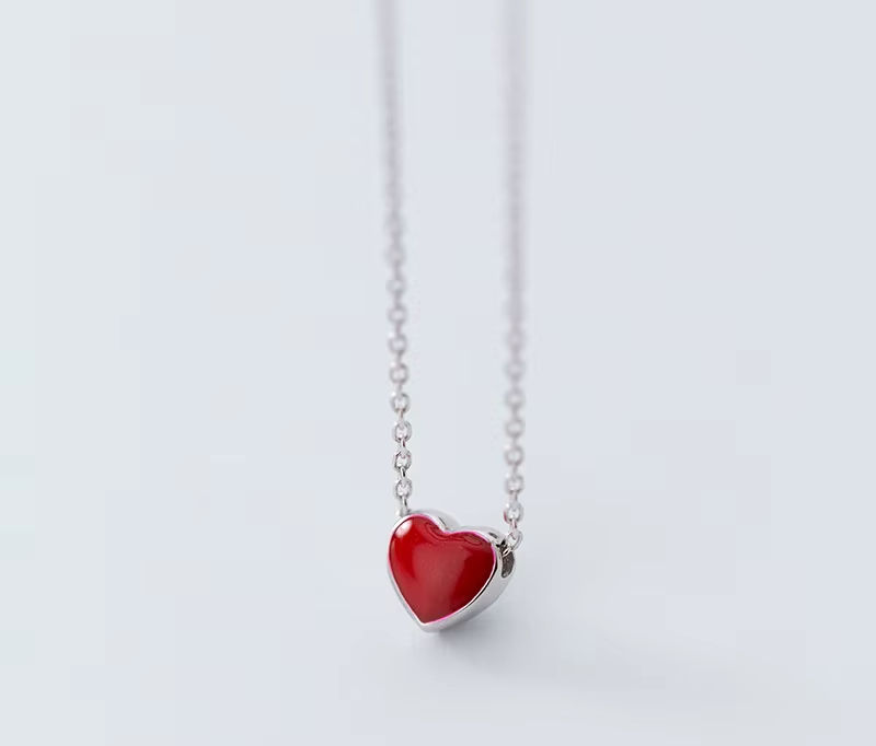 Thumbnail: Sterling Silver Red Pink or Green Enamel Heart Pendant