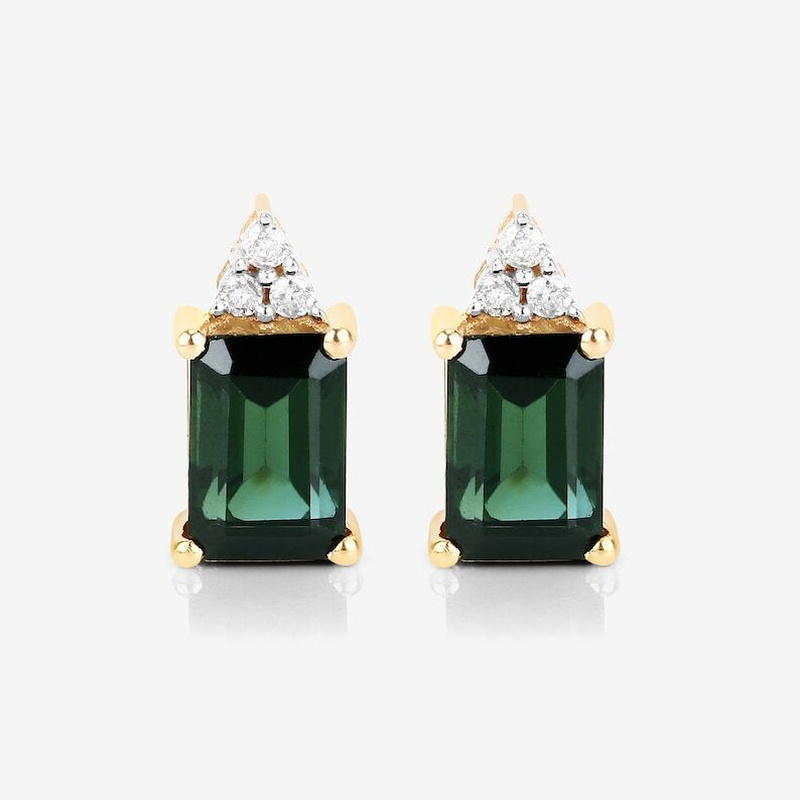 Thumbnail: 14K Yellow Gold Natural Green Tourmaline and Diamonds Women Studs Earrings
