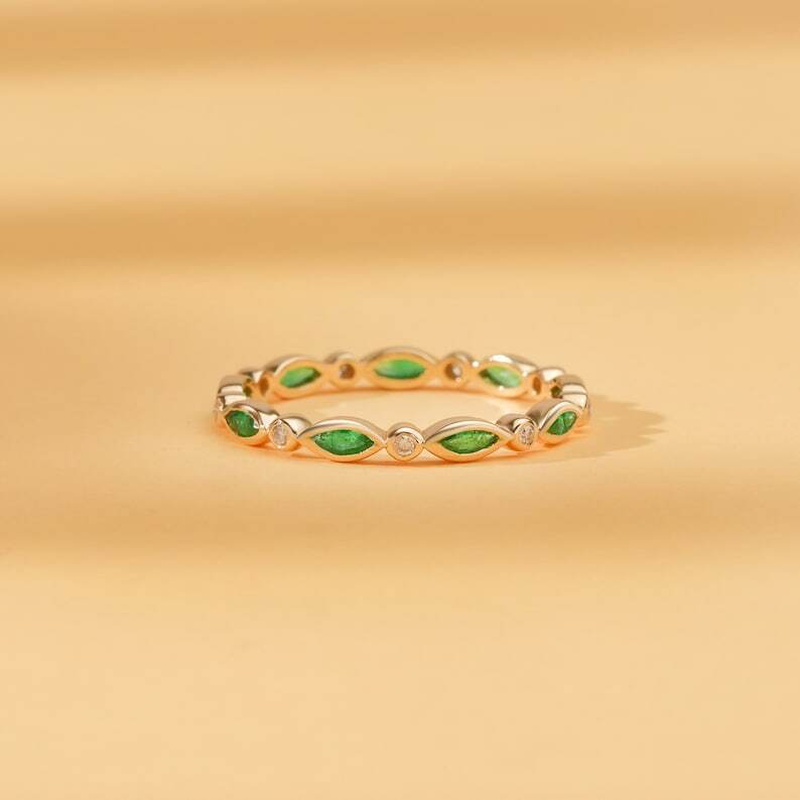 Thumbnail: Natural Emerald and Diamonds Full Eternity Band Women Ring 10K Solid Gold