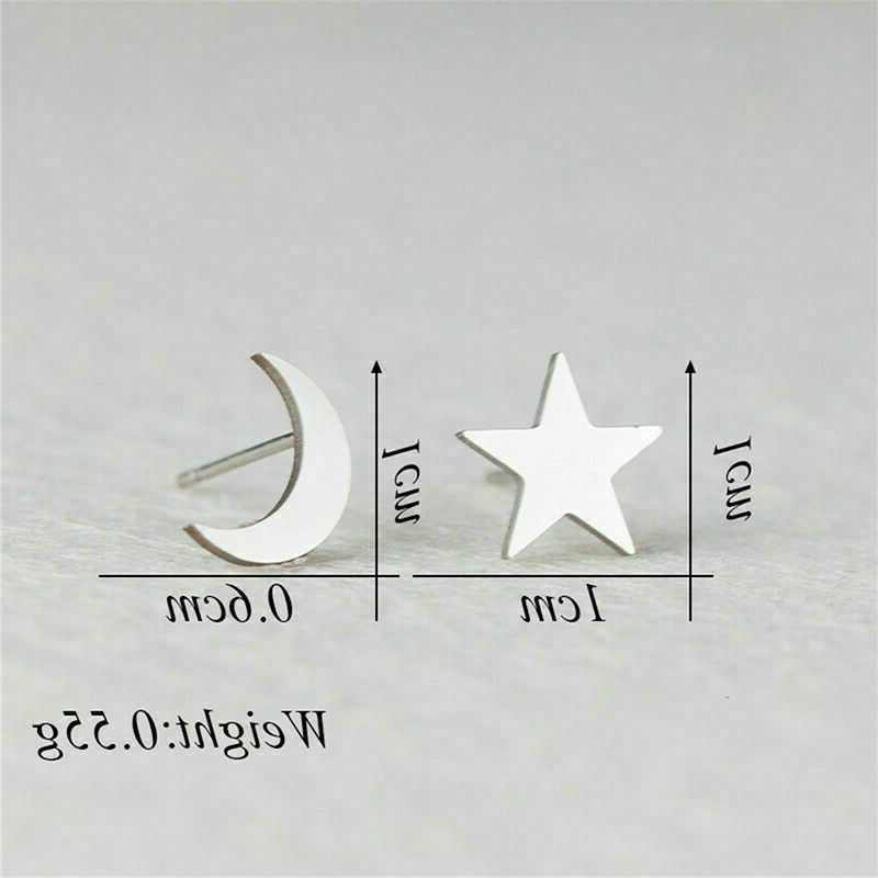 Thumbnail: Hypoallergenic Stainless Surgical Steel Silver Star Moon Shape Ear Stud Earrings