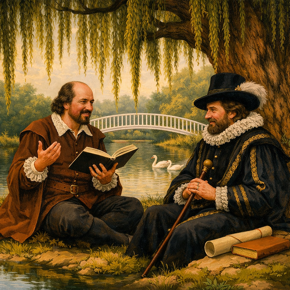 William Shakespeare reading his plays to Francis Bacon in the grounds of Twickenham Park. This is an AI generated picture. I do not use AI for modifying historic images so as not to confuse reality and imagination. However, this is clearly not trying to be a ‘real’ picture, it is pure imagination! It is also anachronistic; the weeping willow was not introduced into England until the 18th century (in the grounds of Twickenham Park!) and the bridge in the grounds did not exist at the time of Shakespeare and Bacon!