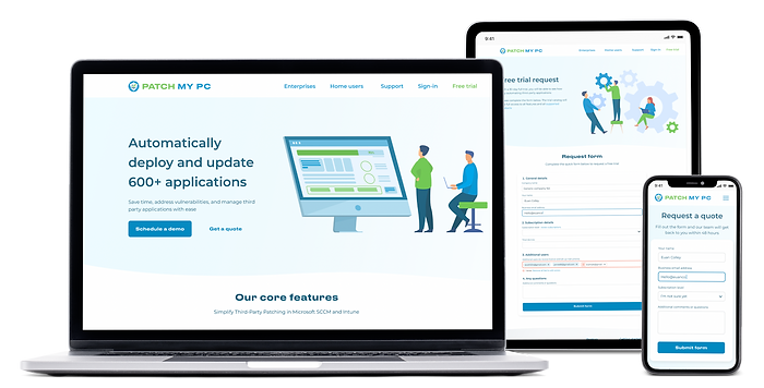 Patch My PC shown on desktop, tablet, and mobile