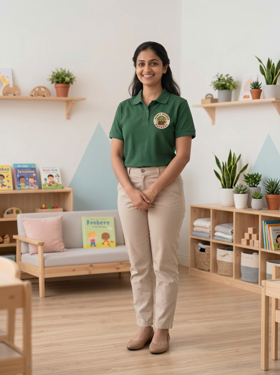 Studio photography of a smiling female teacher standing in a clean, modern preschool classroom. The warm, well-lit environment features wooden shelves, educational books, and plants, creating a friendly academic atmosphere.