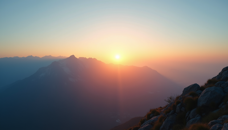 Eye-level view of a serene mountain landscape with a sunrise illuminating the sky