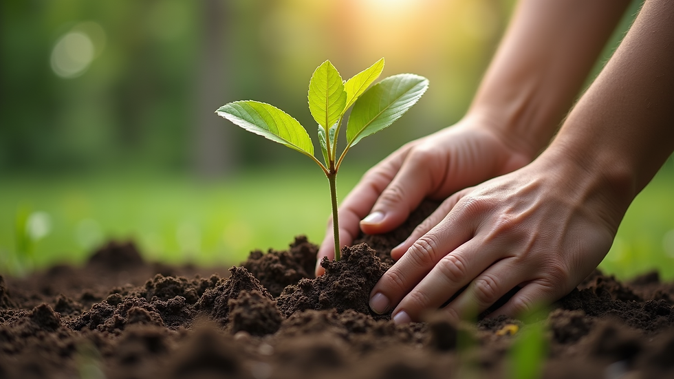 Close-up view of hands planting a small tree during a community service event