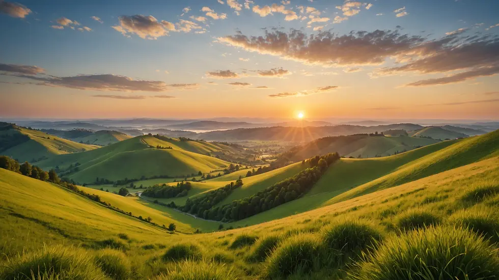 Eye-level view of a serene landscape with a bright sunrise