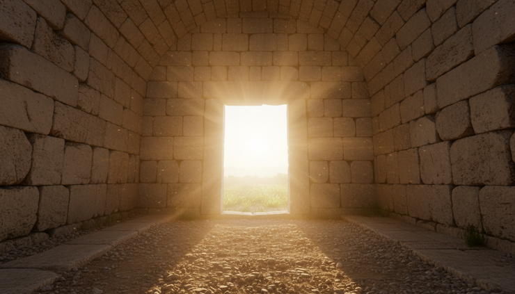 Low-angle view of sunlight entering an empty stone doorway.