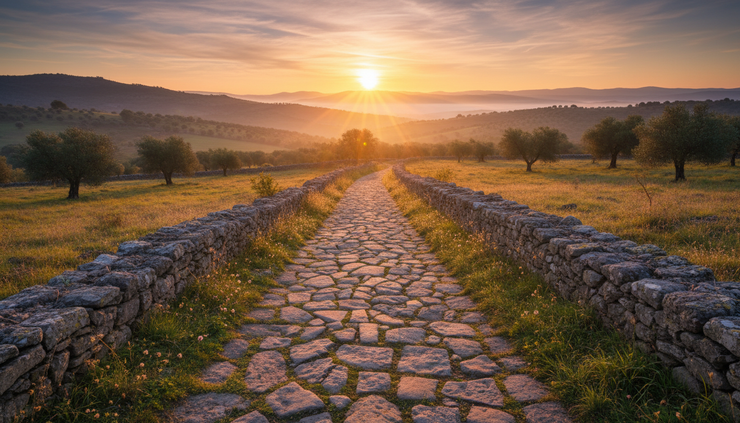 Wide-angle view of a narrow stone path leading toward sunrise.