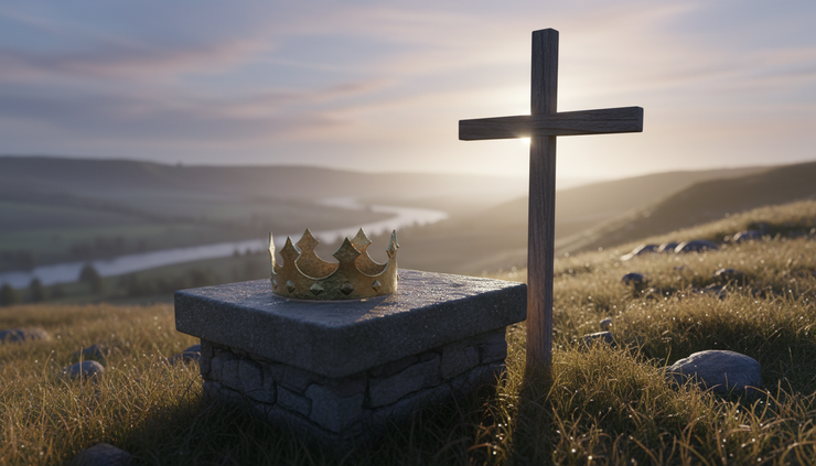 Low-angle view of a simple golden crown resting near a wooden cross in morning light