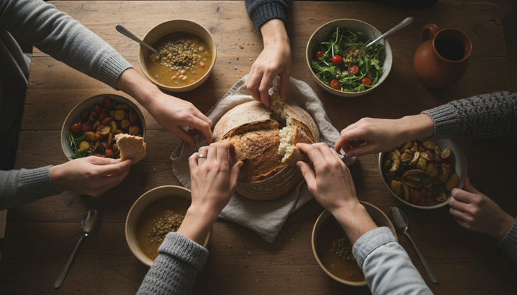 Overhead view of a simple meal being shared on a wooden table with several hands reaching in.