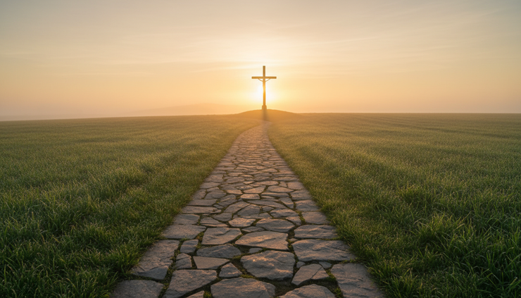 Eye-level view of a stone path leading toward a wooden cross at sunrise