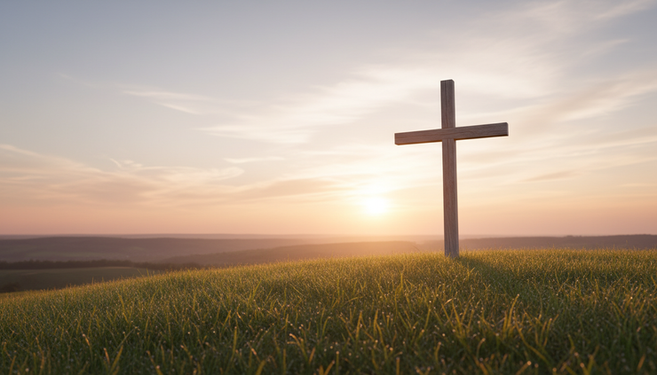 Eye-level view of a simple wooden cross on a hill at sunrise.