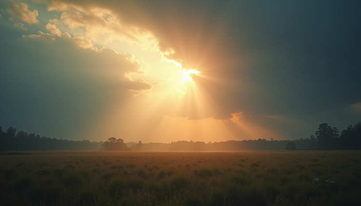 Eye-level view of a radiant light breaking through dark clouds over a peaceful landscape