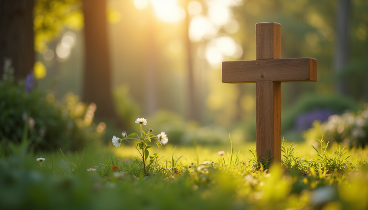 Eye-level view of a wooden cross illuminated by soft sunlight in a quiet garden