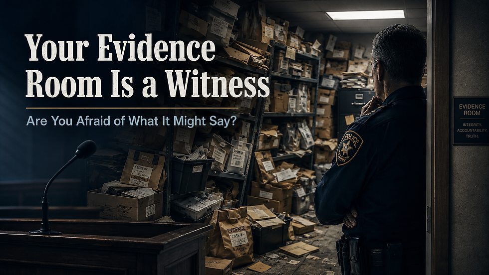 Police chief looking into a cluttered evidence room filled with disorganized evidence boxes, bags, files and property awaiting review.