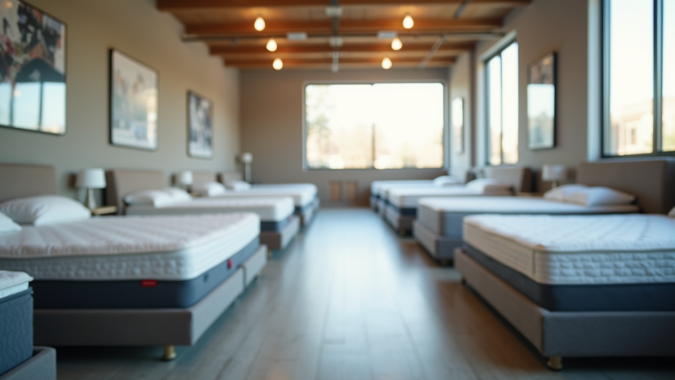 Eye-level view of a mattress showroom with various mattress models