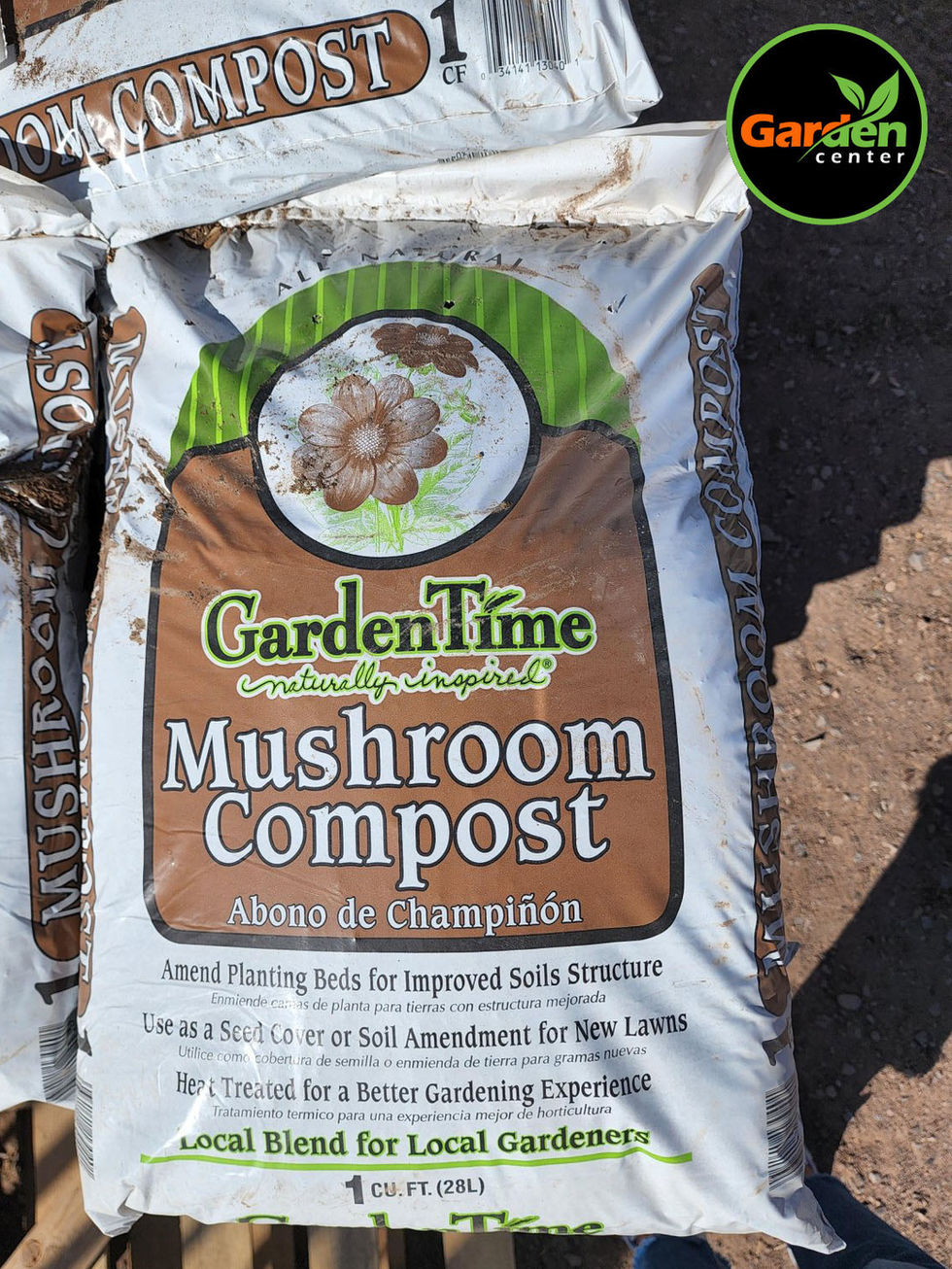 Garden Time mushroom compost bag used for soil improvement and gardening amendments, available at Garden Center.