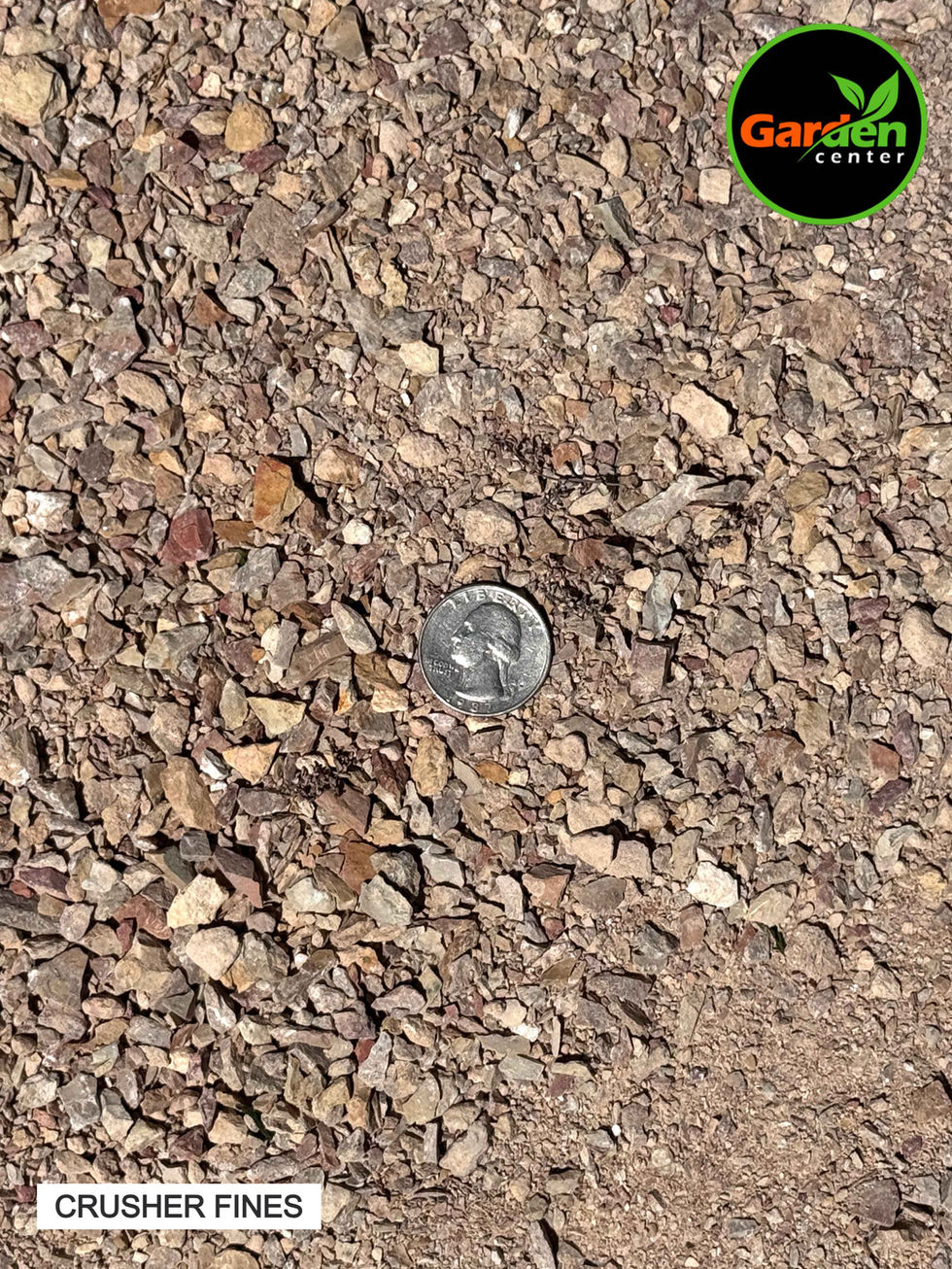 Rainbow Tan rocks in crusher fines, available at Garden Center.